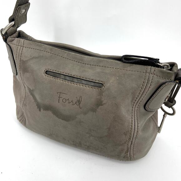 Fossil Greige Vintage Leather Shoulder Bag with Key Charm Weathered - Picture 2 of 10